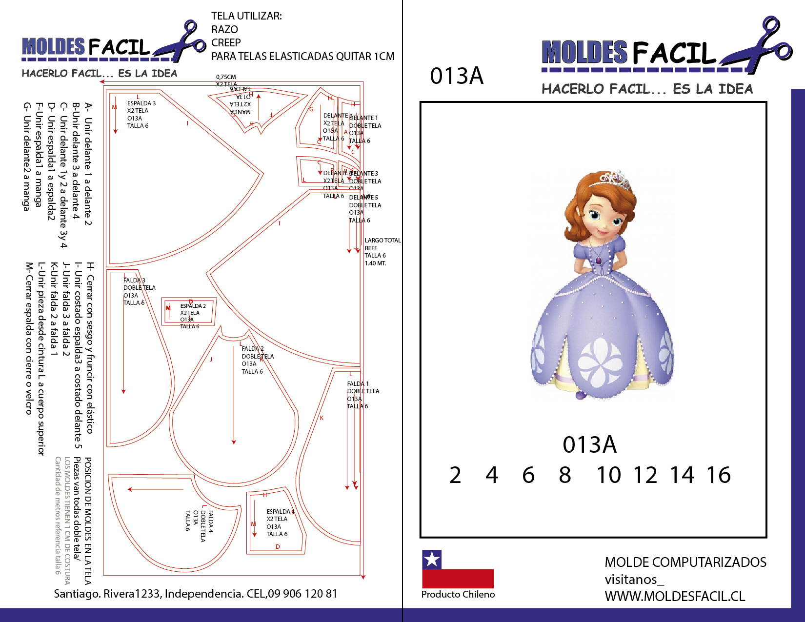 Molde de costura princesa sofia en papel bond talla real