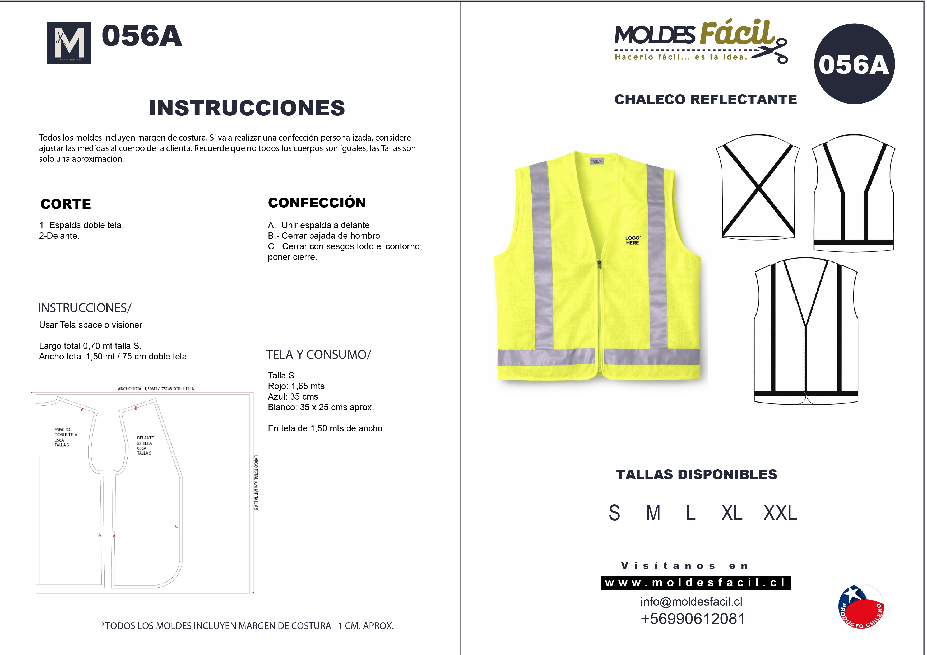 Molde de costura ropa de trabajo chaleco reflectivo en papel bond talla real