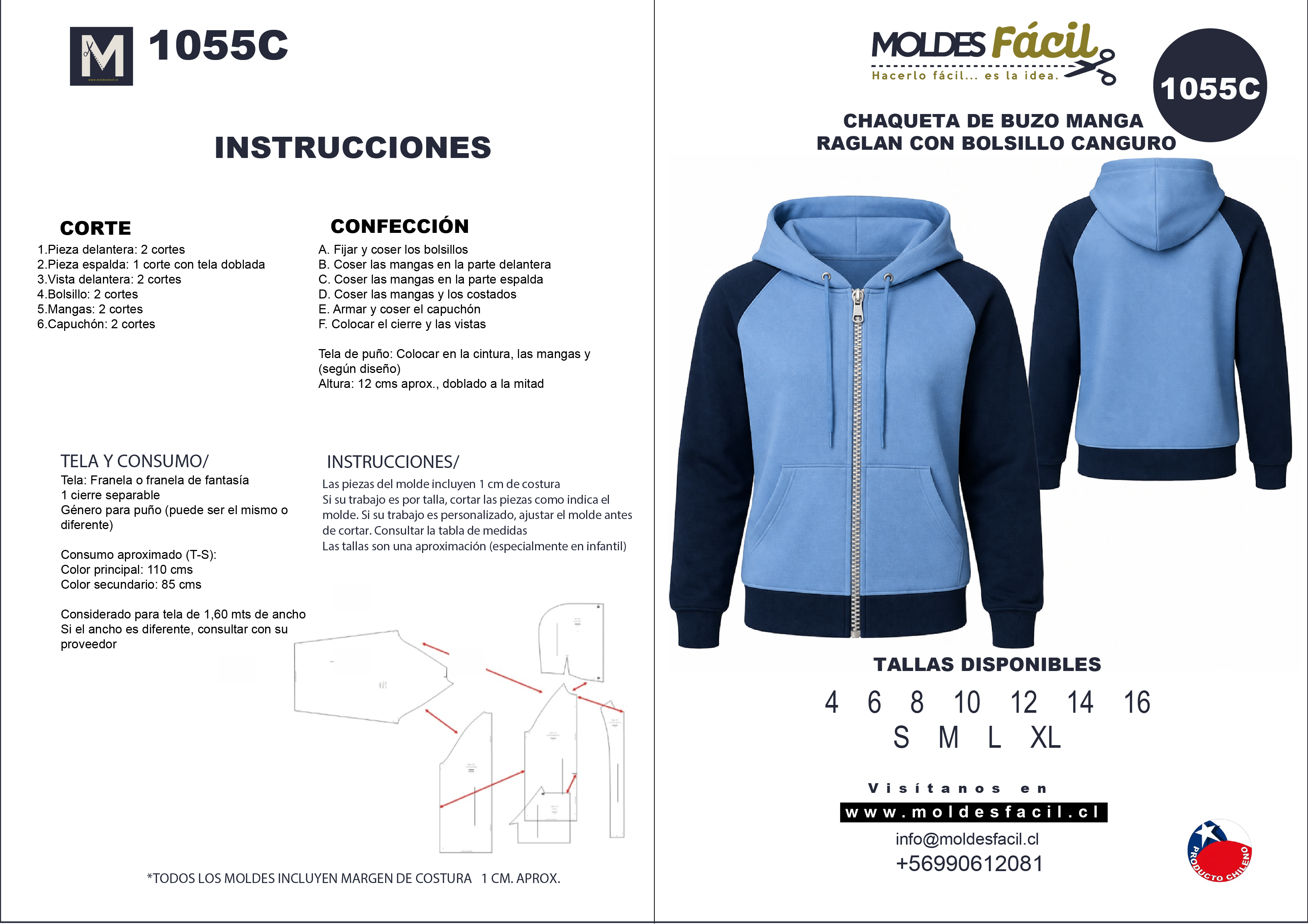 Molde de costura chaqueta de buzo manga raglan con bolsillo canguro en papel bond talla real
