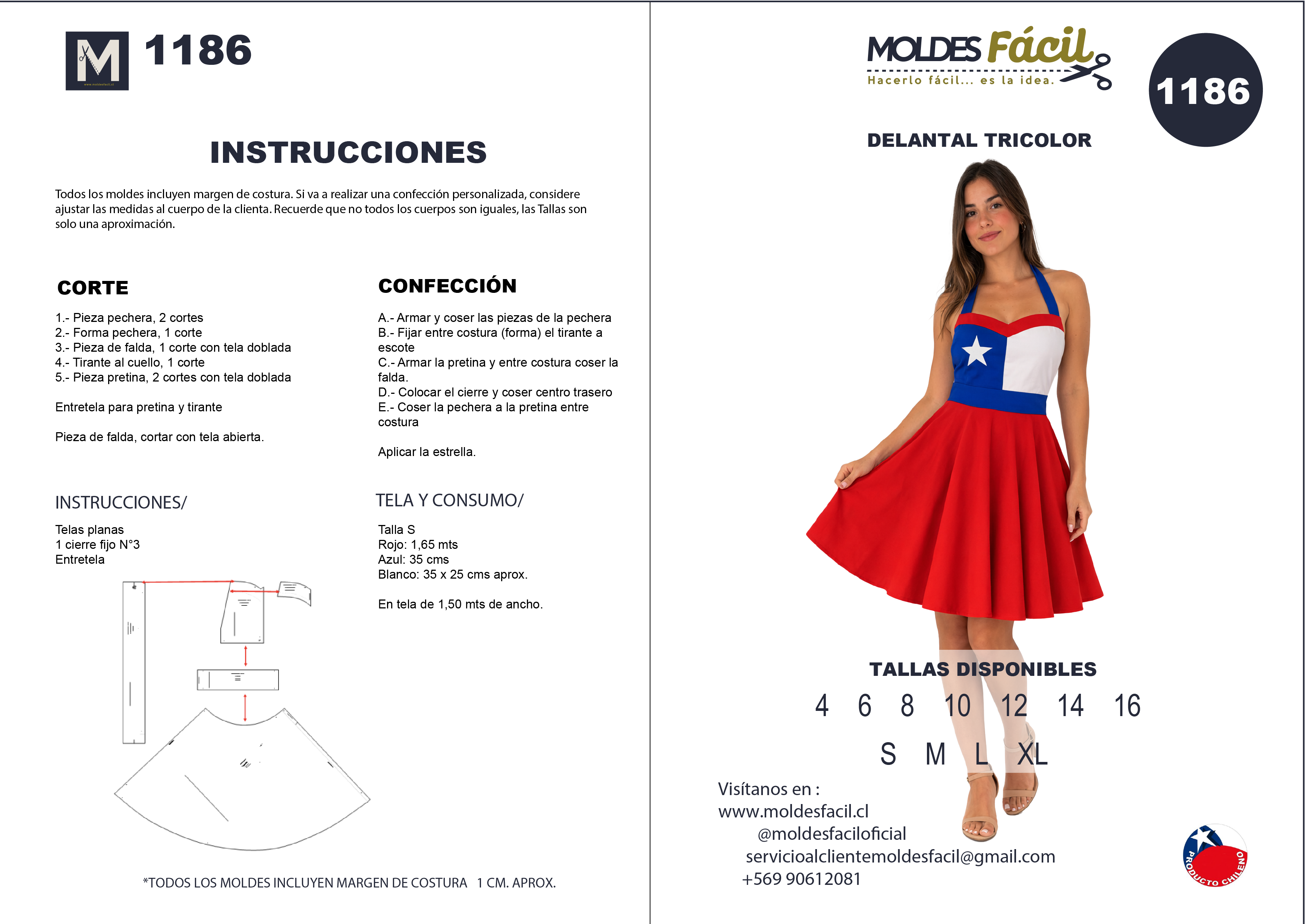 Molde de costura delantal tricolor en papel bond talla real