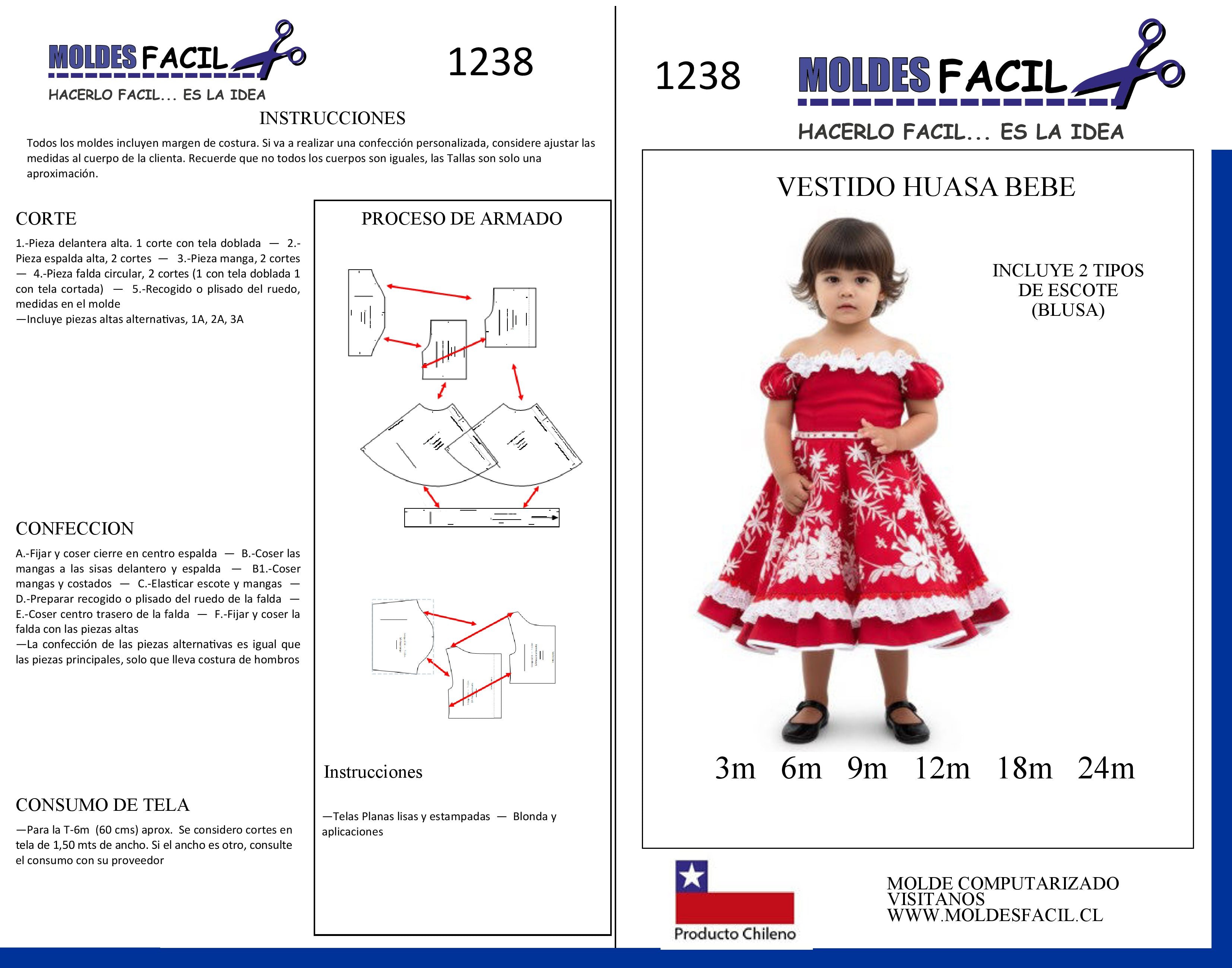 Molde de costura vestido huasa bebé en papel bond talla real