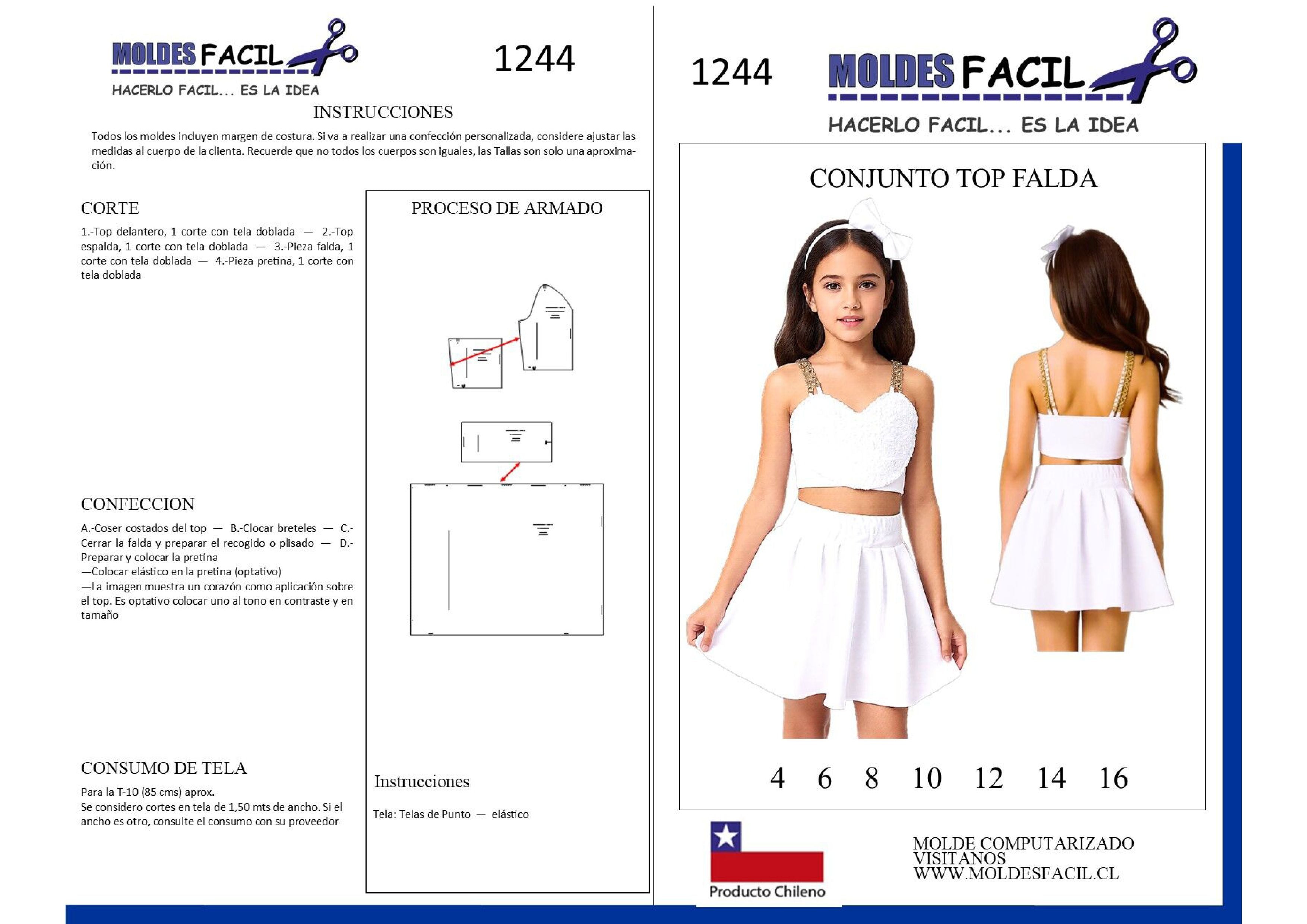 Molde de costura conjunto top falda infantil en papel bond talla real