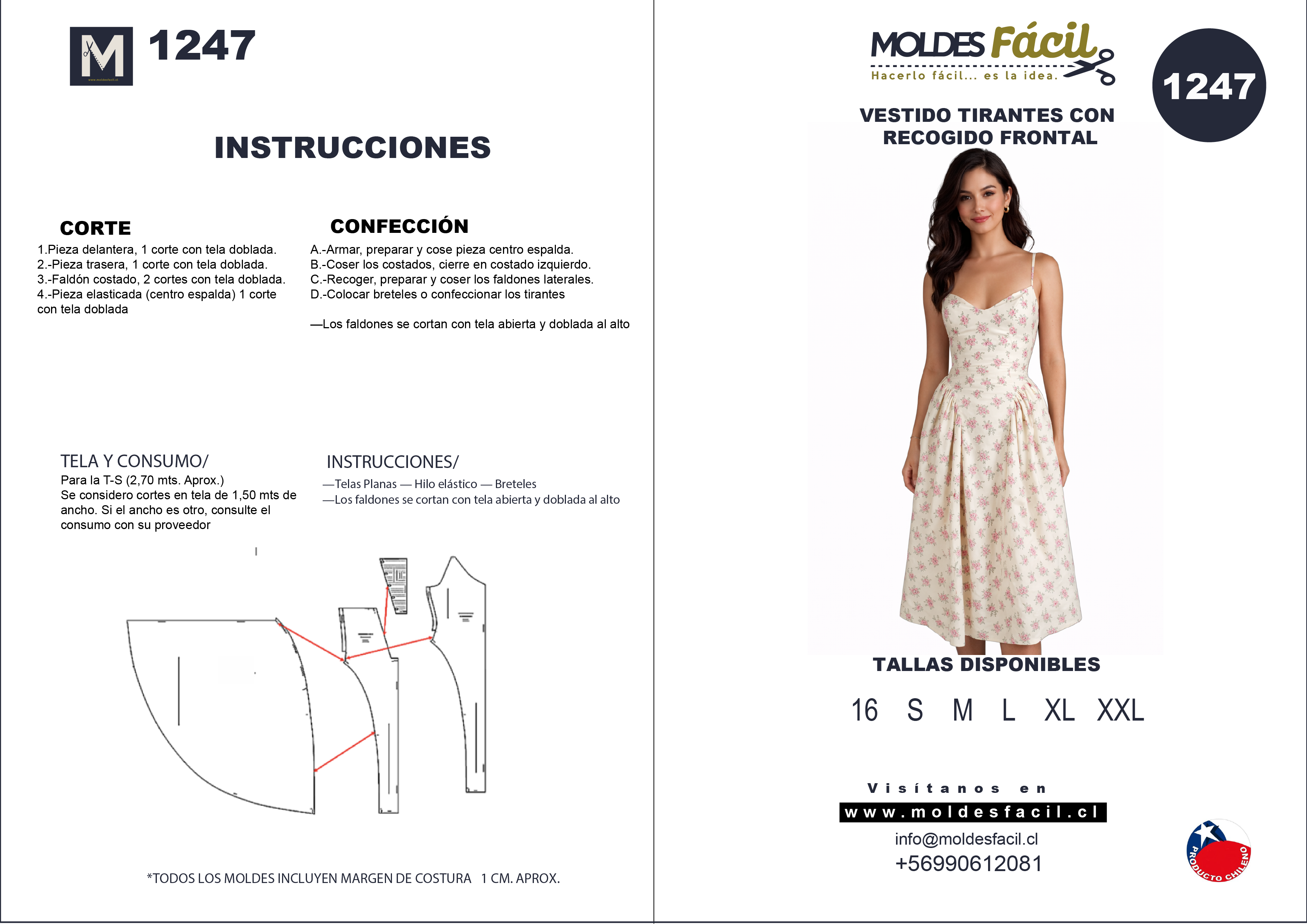 Molde de costura vestido tirantes con recogido frontal en papel bond talla real