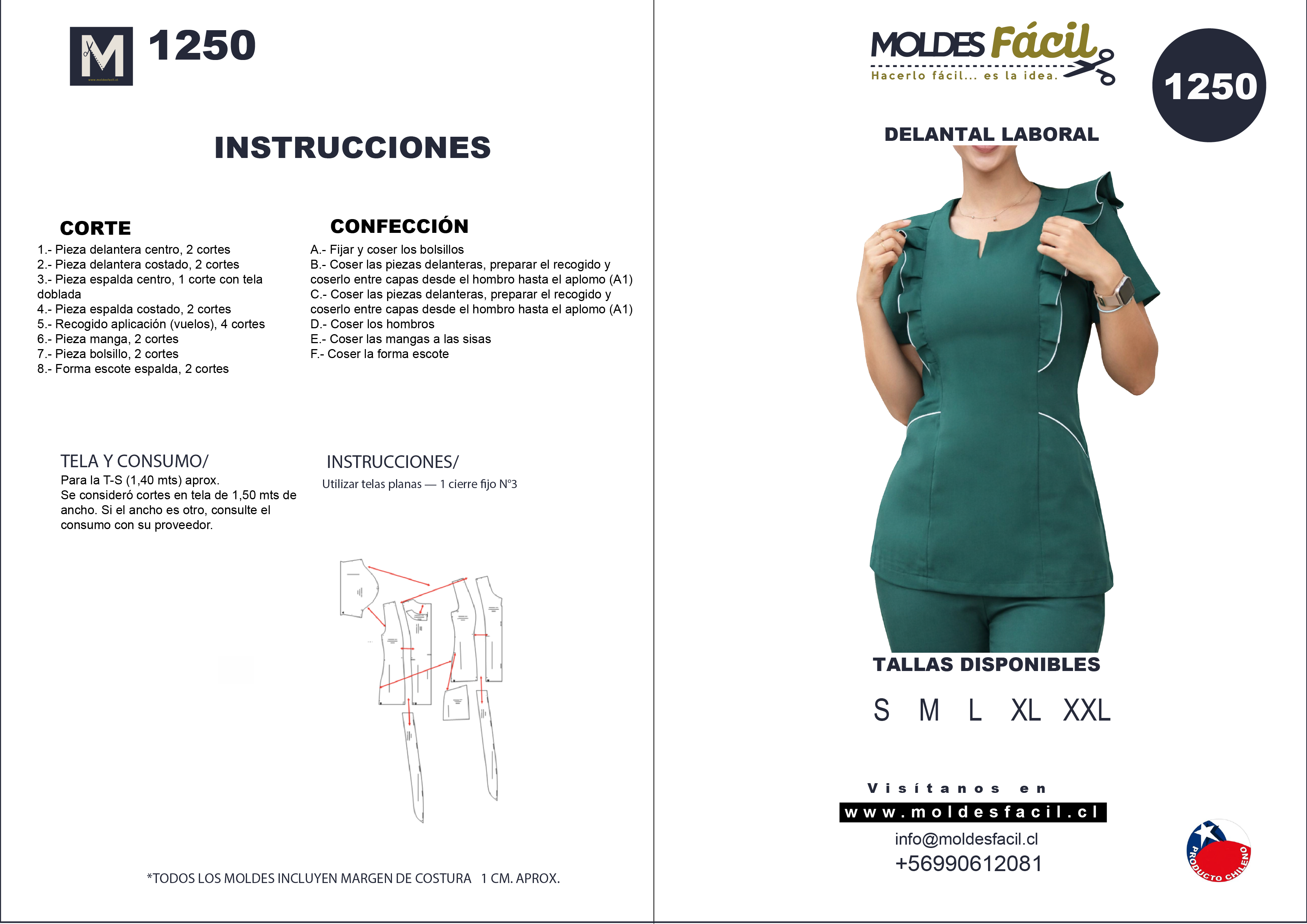 Molde de costura delantal laboral en papel bond talla real