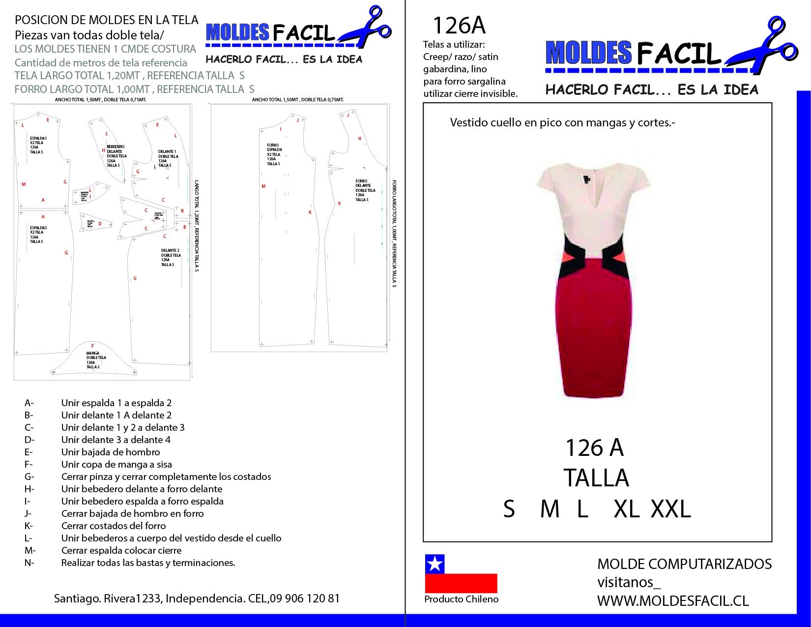 Vestido Cuello en Pico con Mangas y Corte