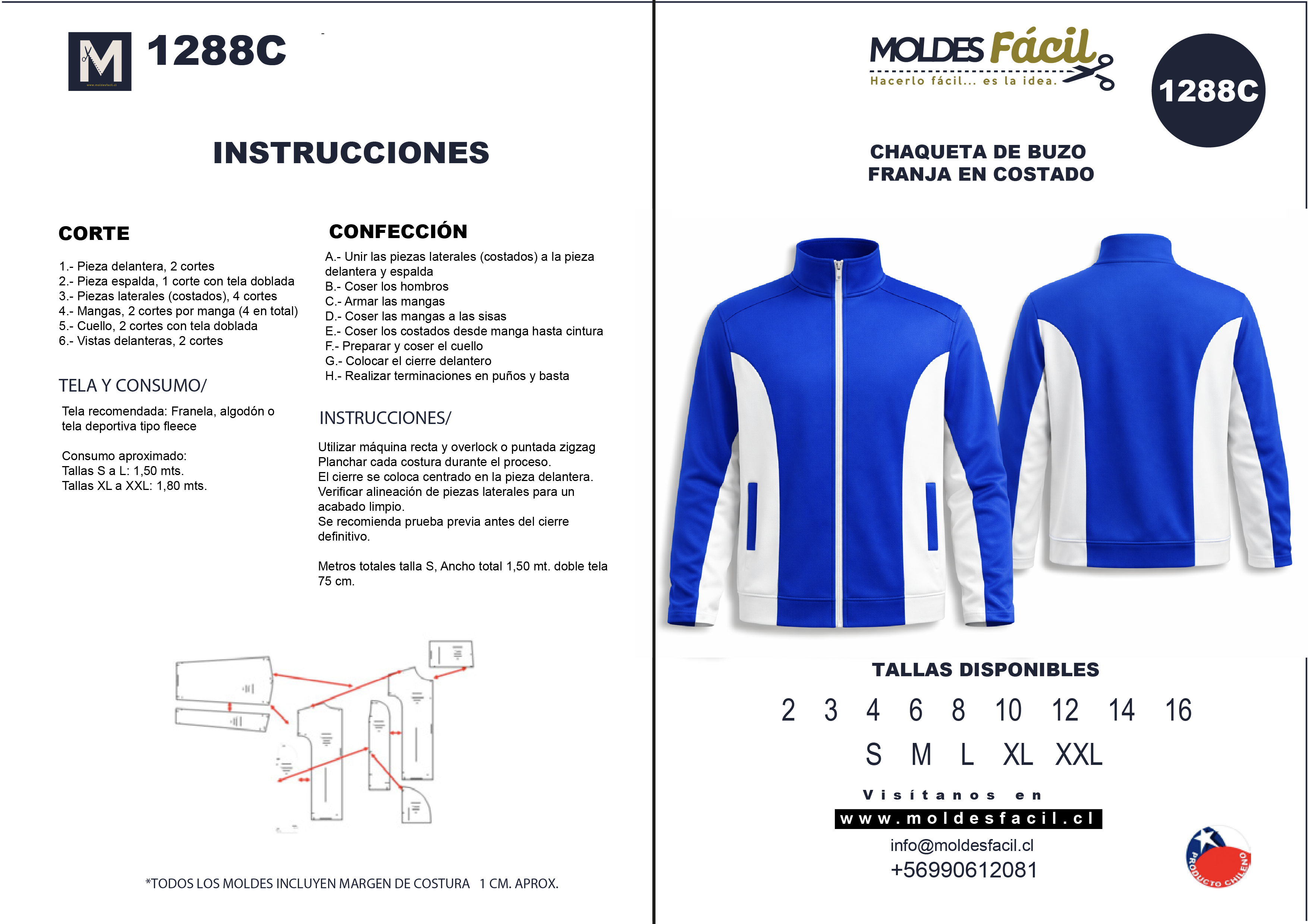 Molde de costura chaqueta de buzo franja en costado en papel bond talla real