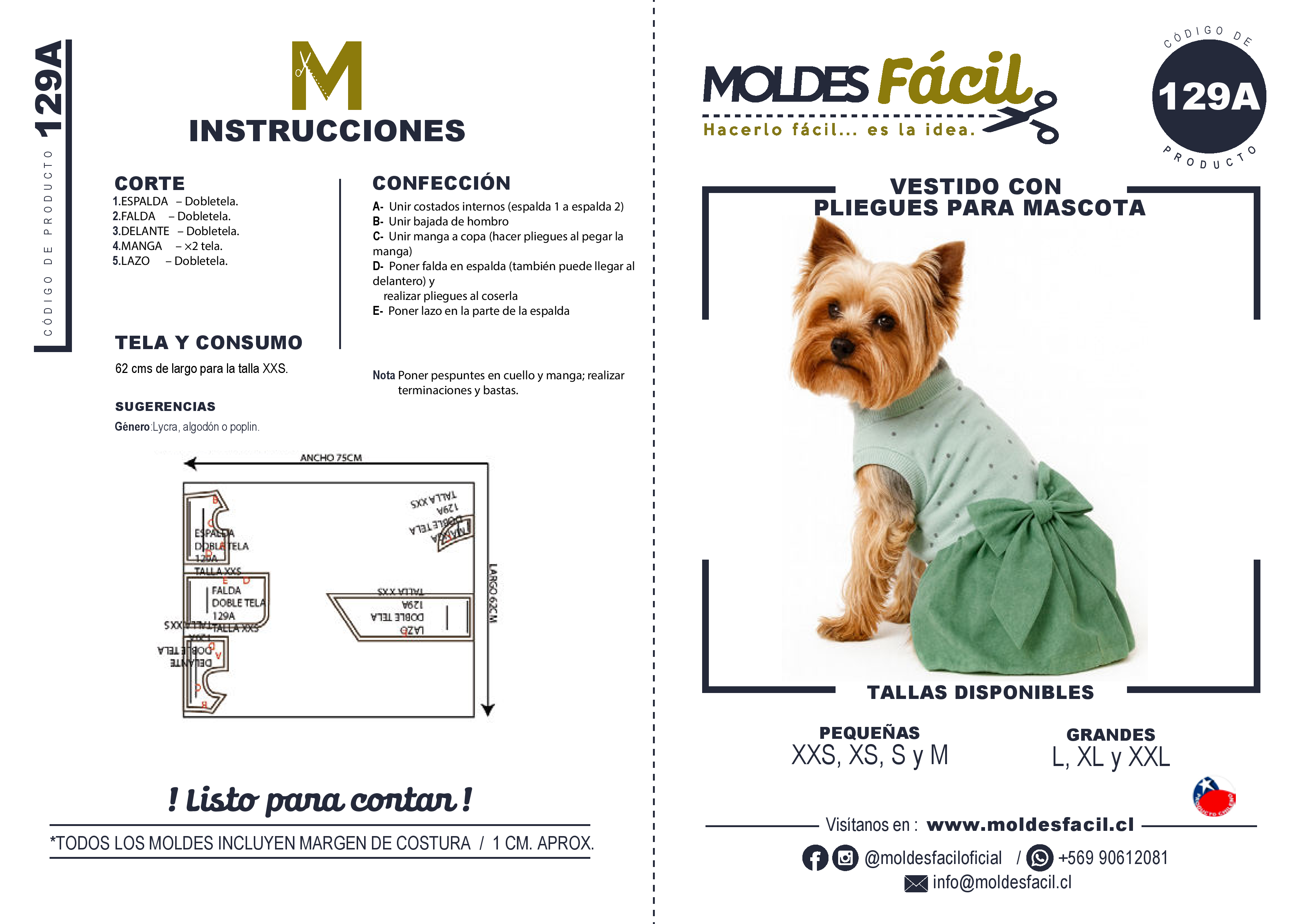 Molde de costura vestido con pliegues para mascotas en papel bond talla real