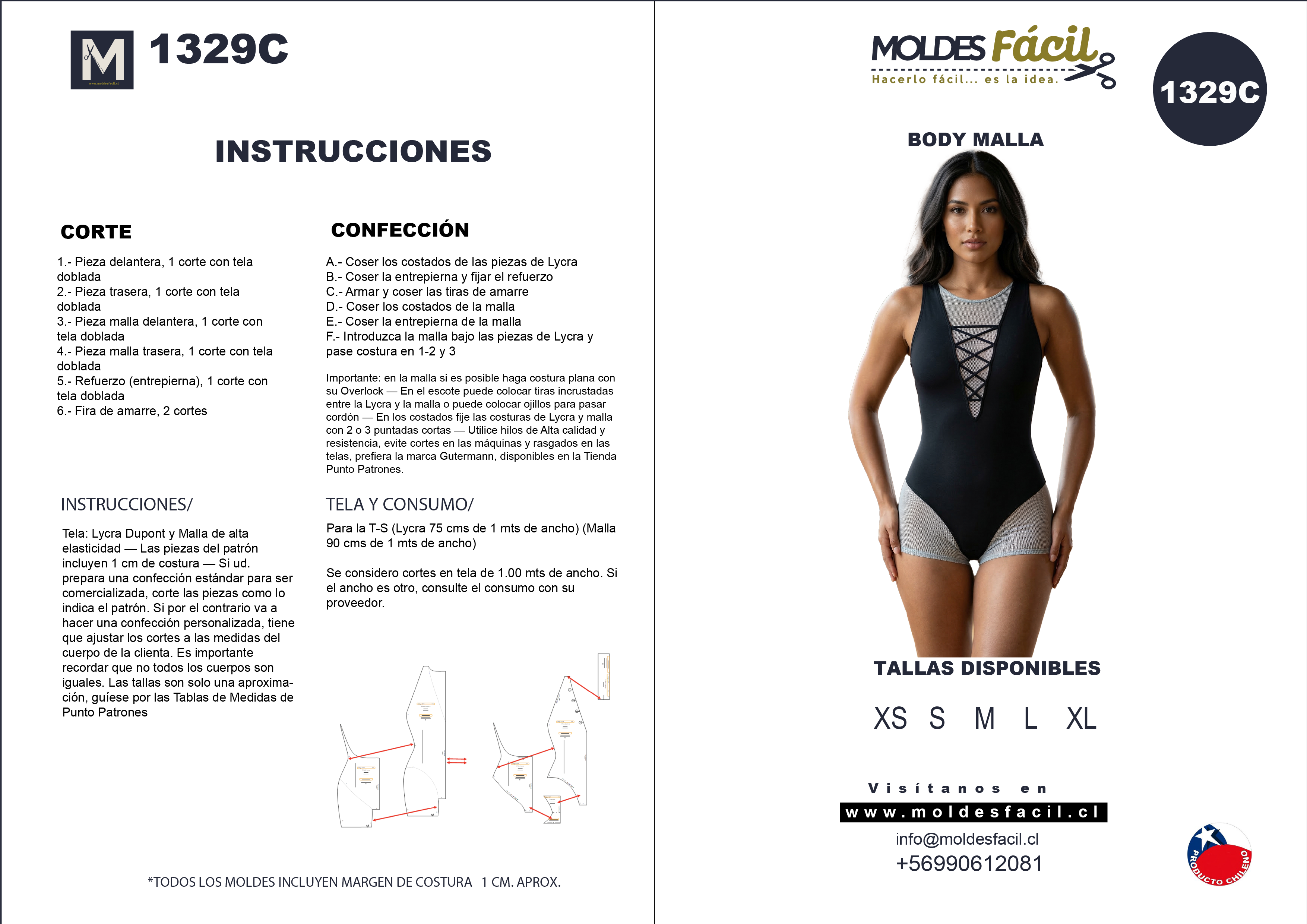 Molde de costura body malla en papel bond talla real