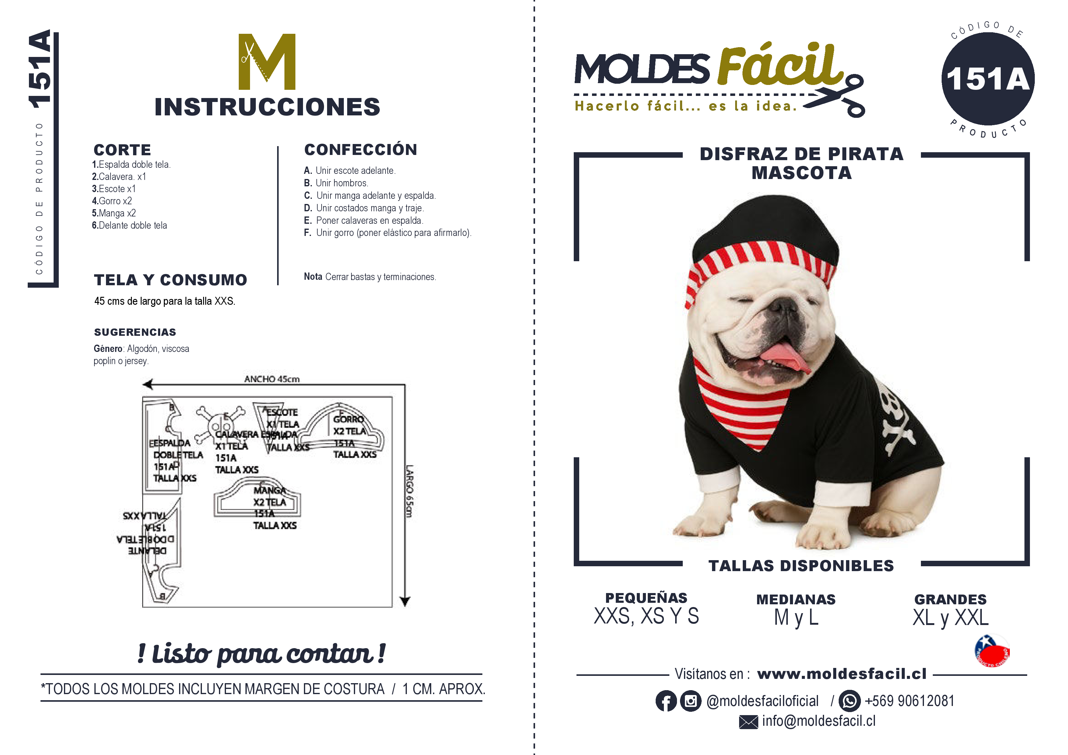 Molde de costura disfraz de pirata mascota en papel bond talla real