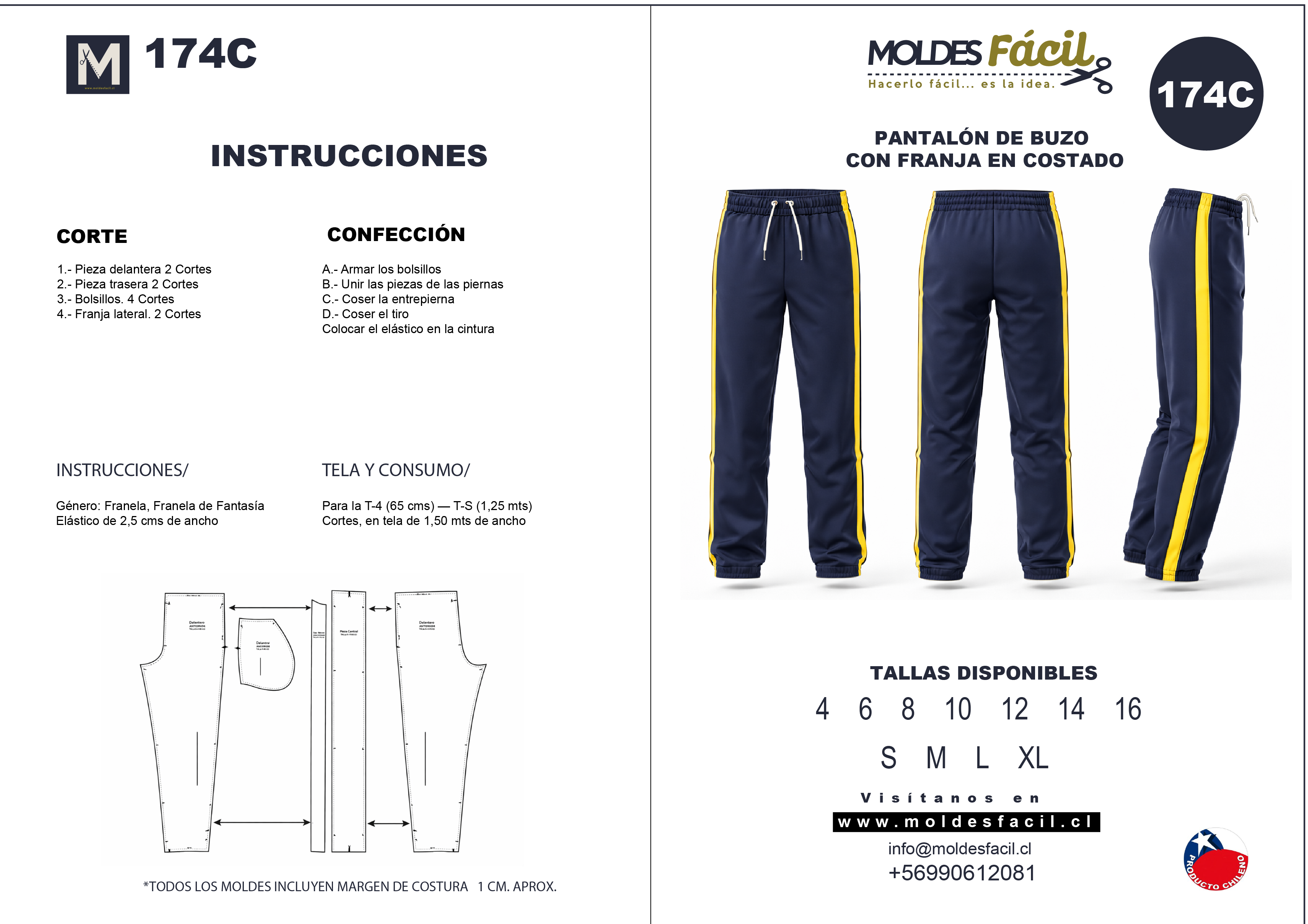 Molde de costura pantalón de buzo con franja en costado en papel bond talla real