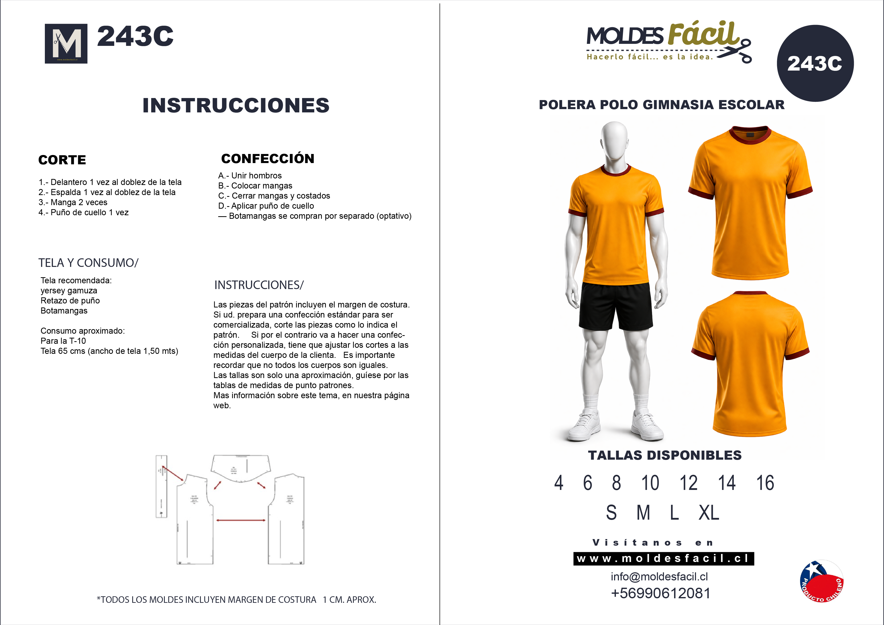 Molde de costura polera polo gimnasia escolar en papel bond talla real