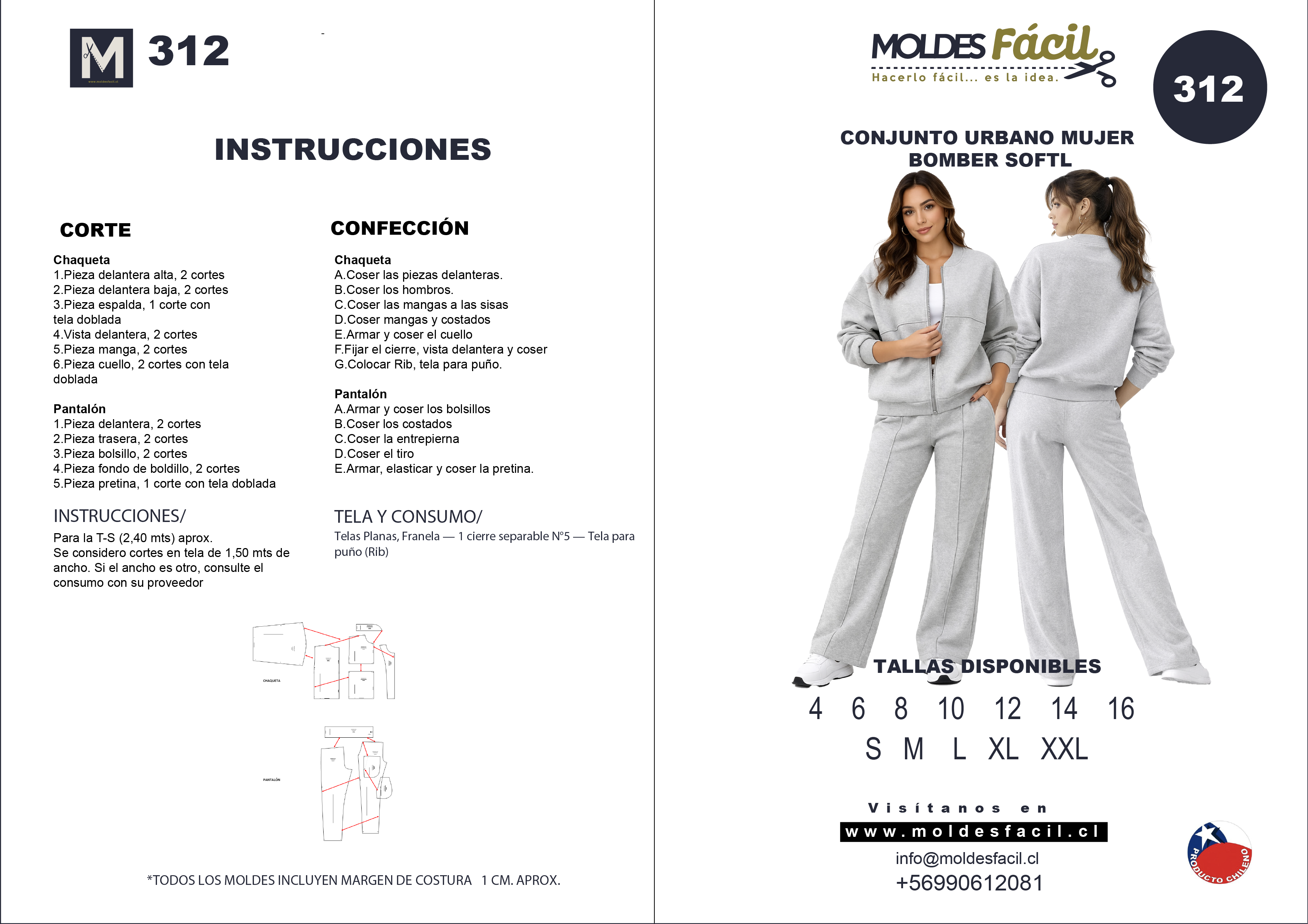 Molde de costura conjunto urbano mujer bomber softl en papel bond talla real