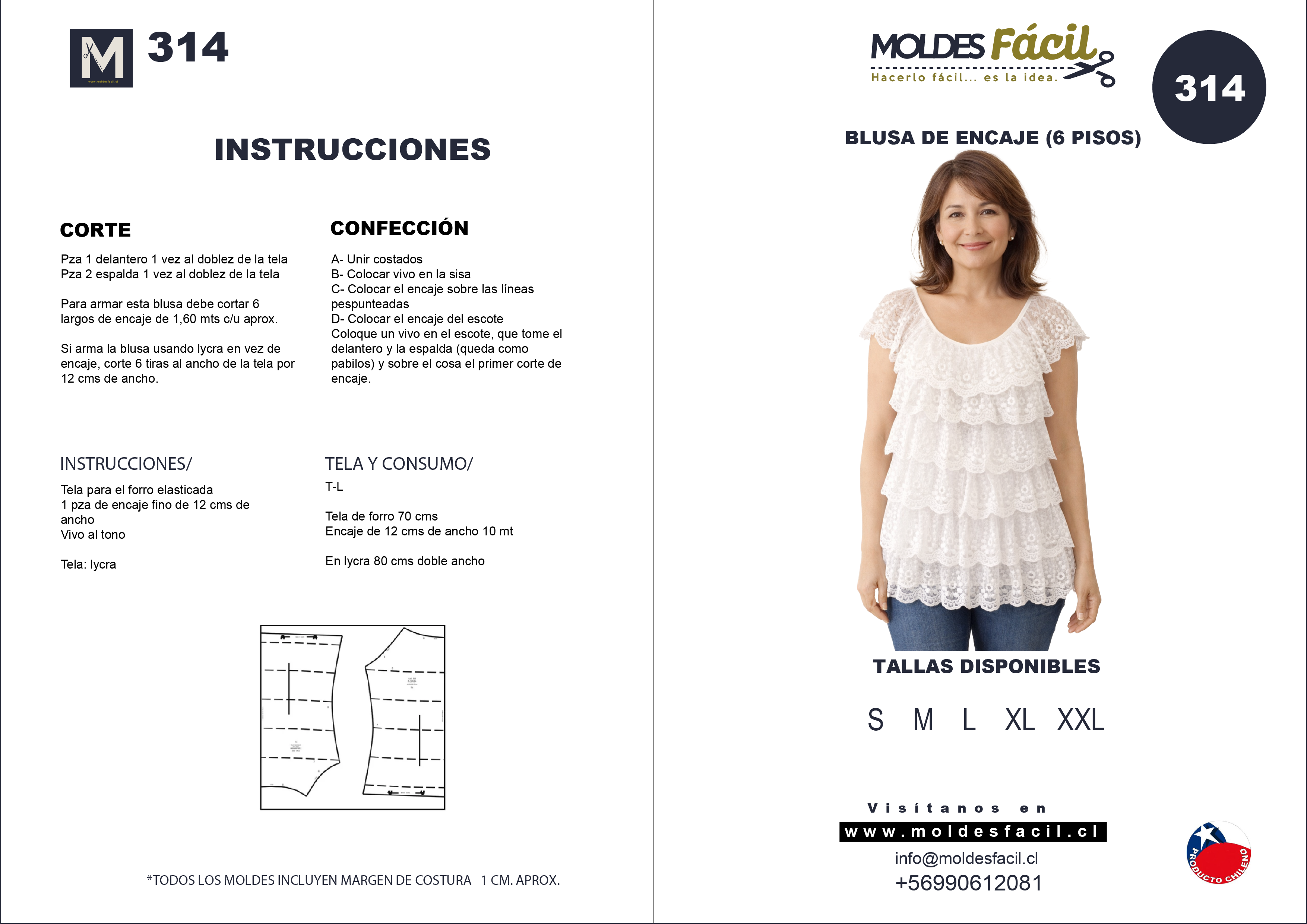 Molde de costura blusa de encaje 6 pisos en papel bond talla real