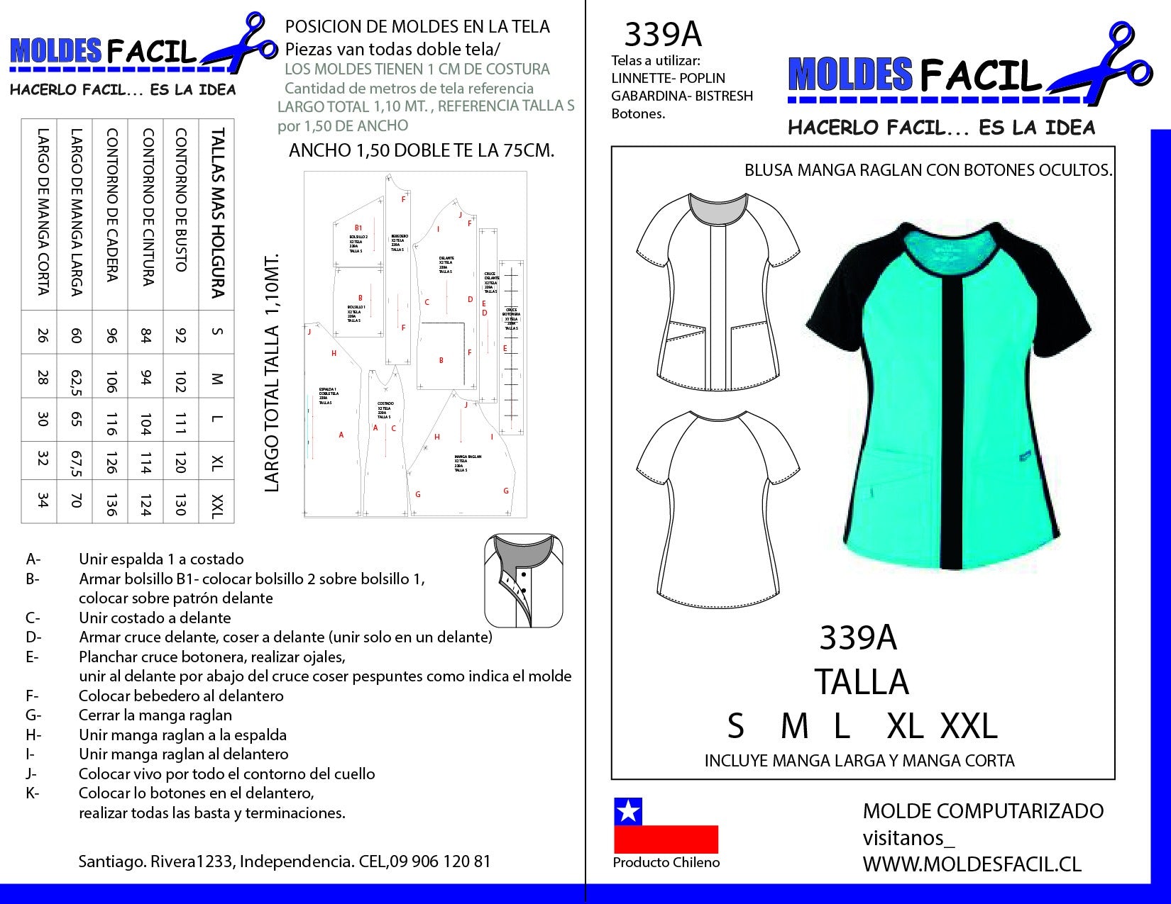 Blusa Manga Raglan con Botones Ocultos (incluye manga larga y corta)
