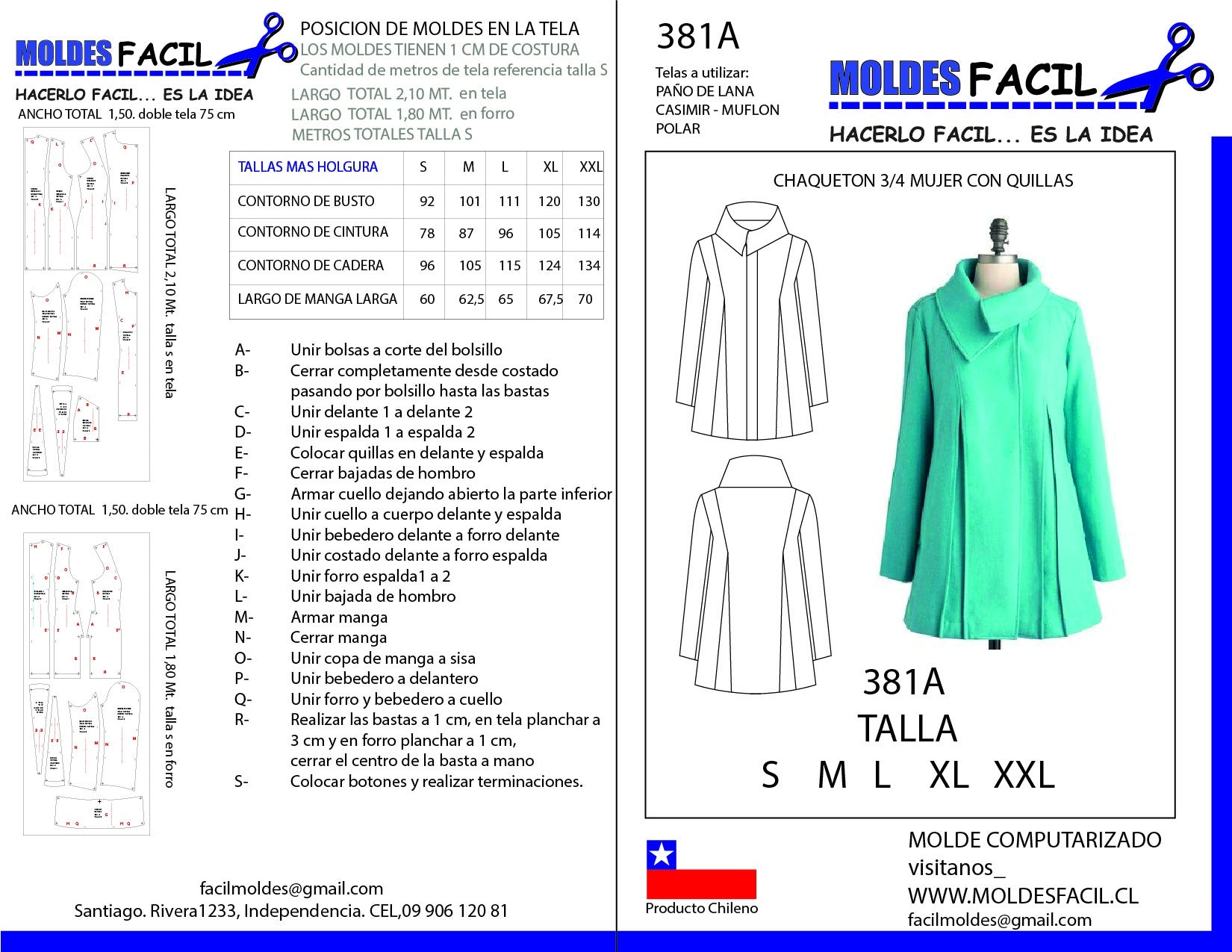 CHAQUETON 3/4 MUJER CON QUILLAS