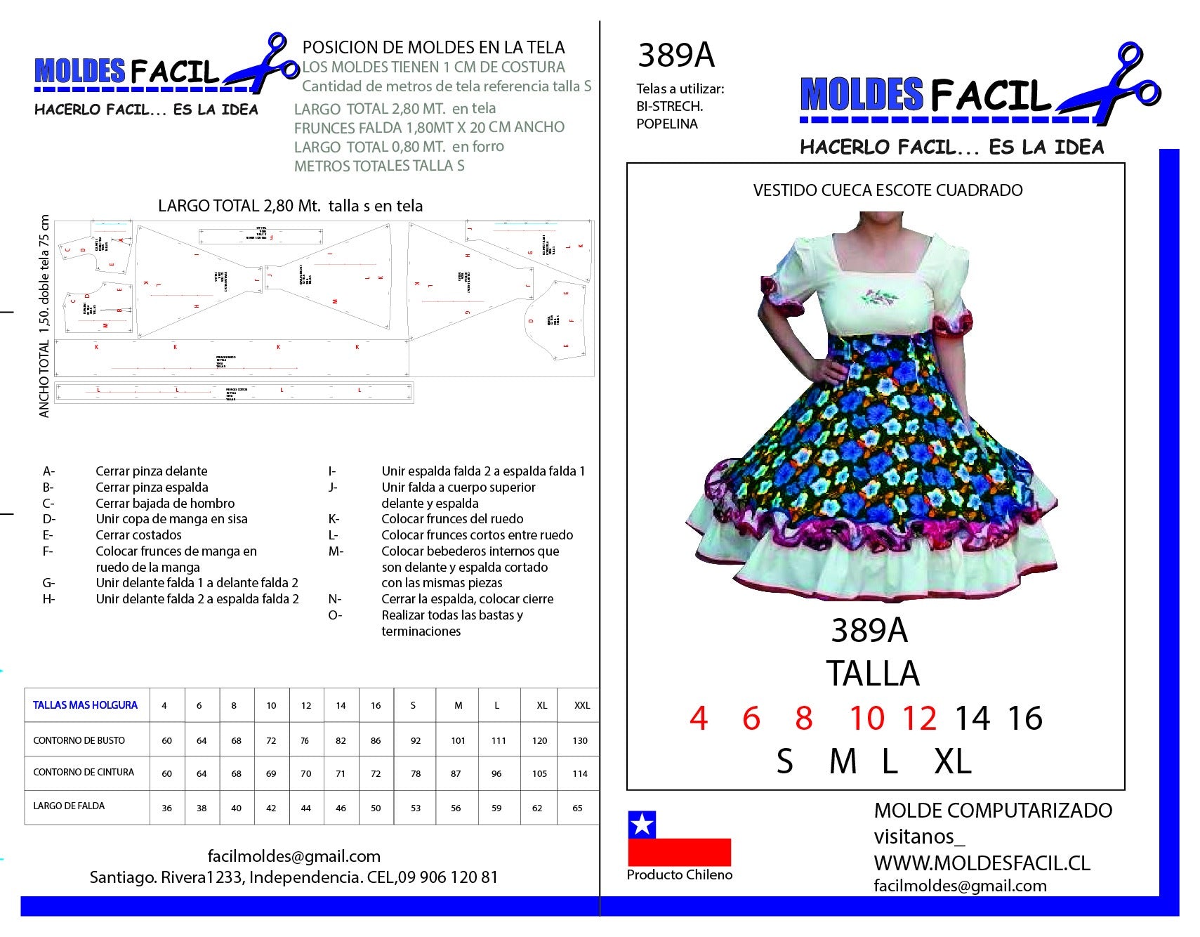 Vestido de Cueca Escote Cuadrado