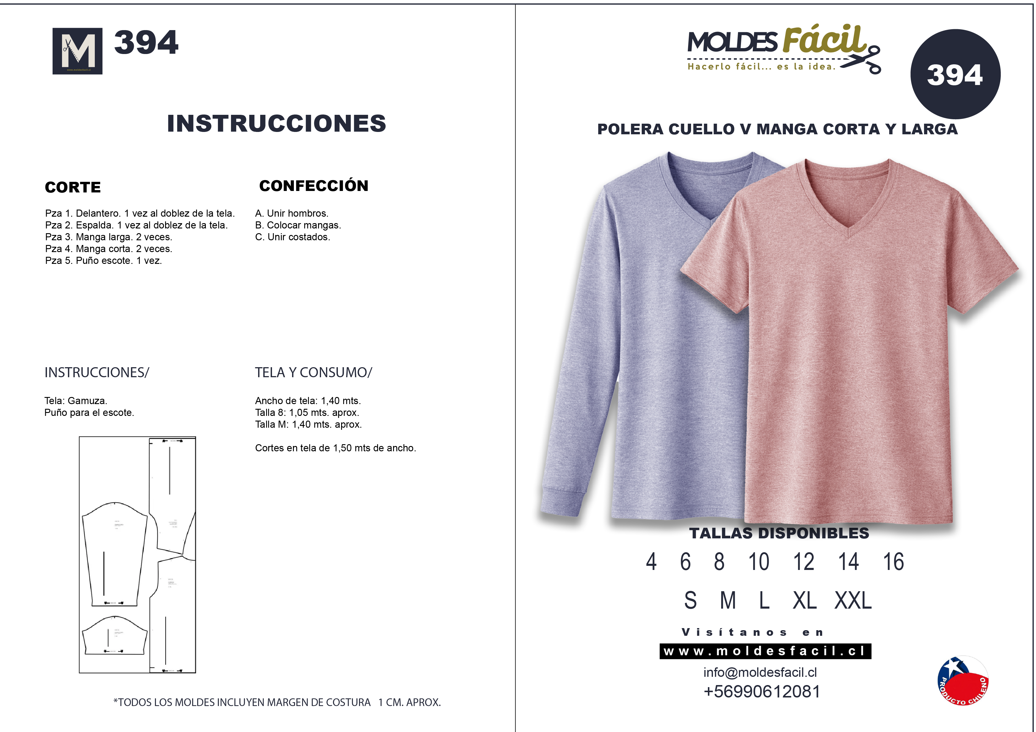 Molde de costura polera hombre cuello v manga corta y larga en papel bond talla real
