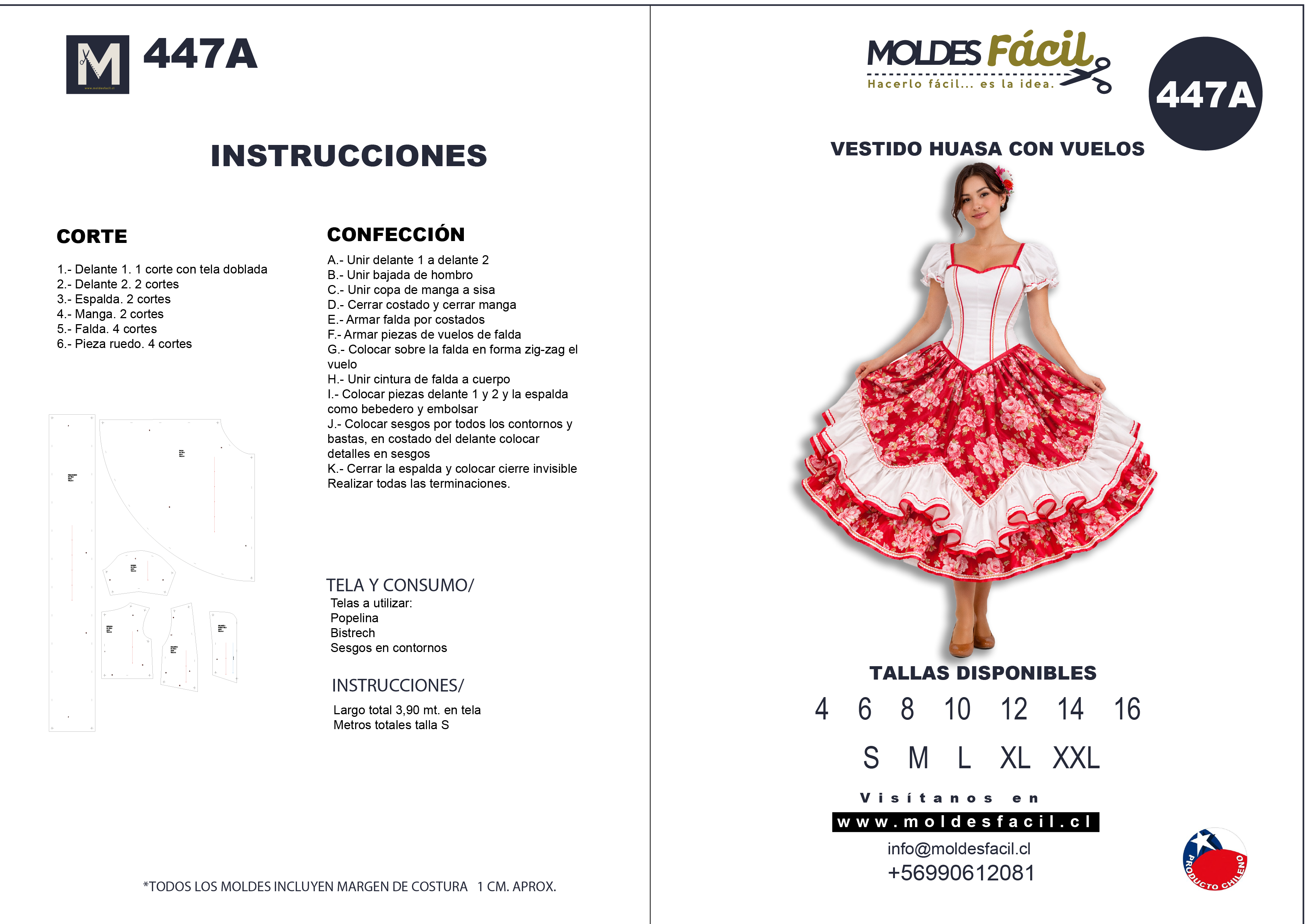 Molde de costura vestido de huasa con vuelos en papel bond talla real