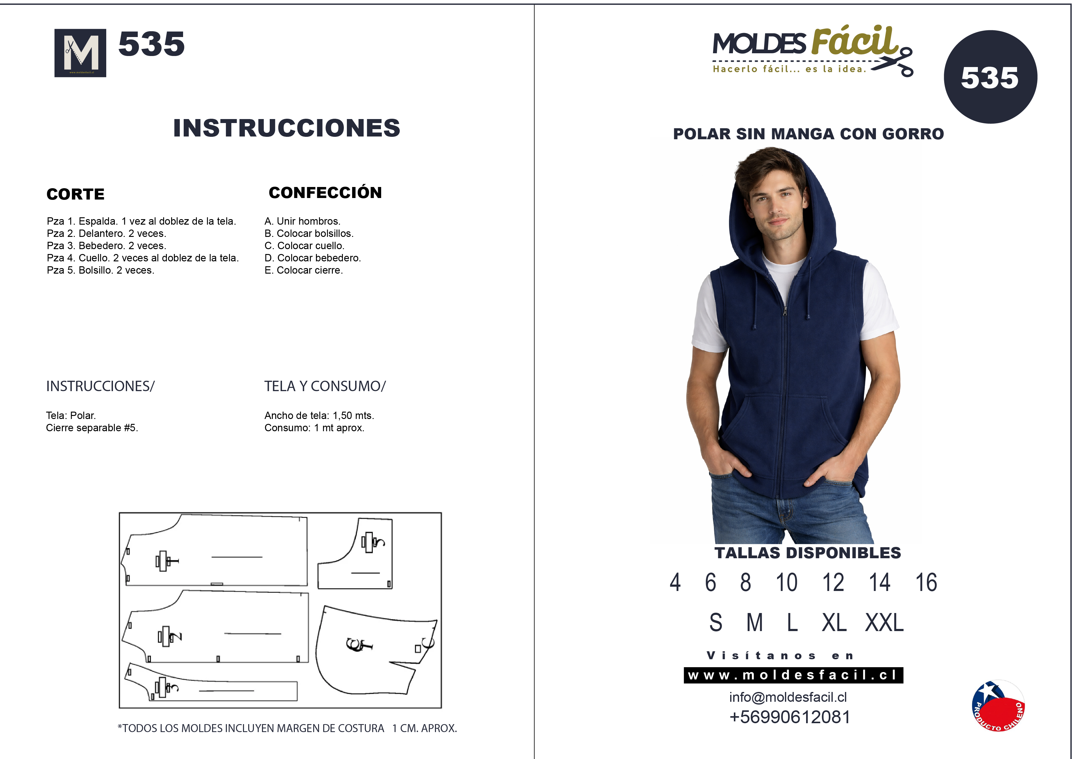 Molde de costura polar sin manga con gorro en papel bond talla real