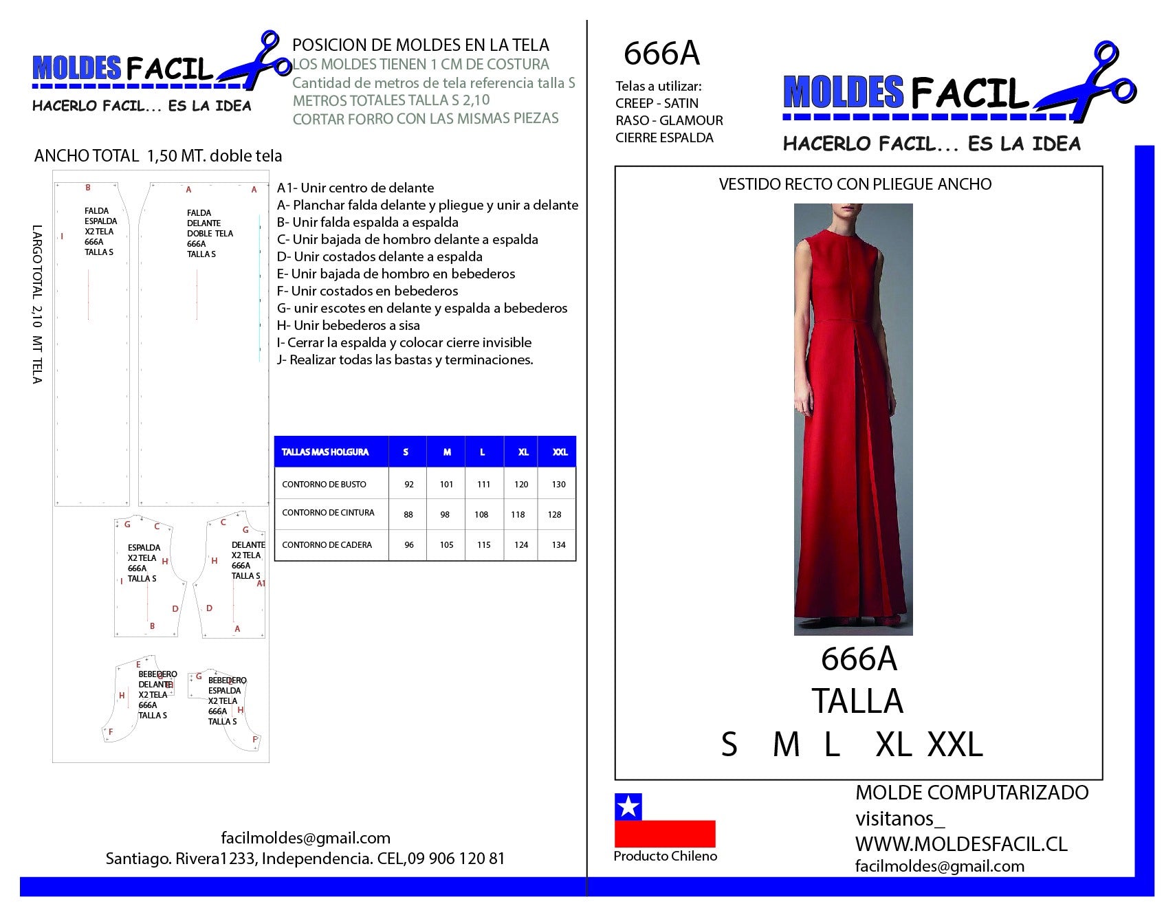 Vestido recto con pliegues ancho