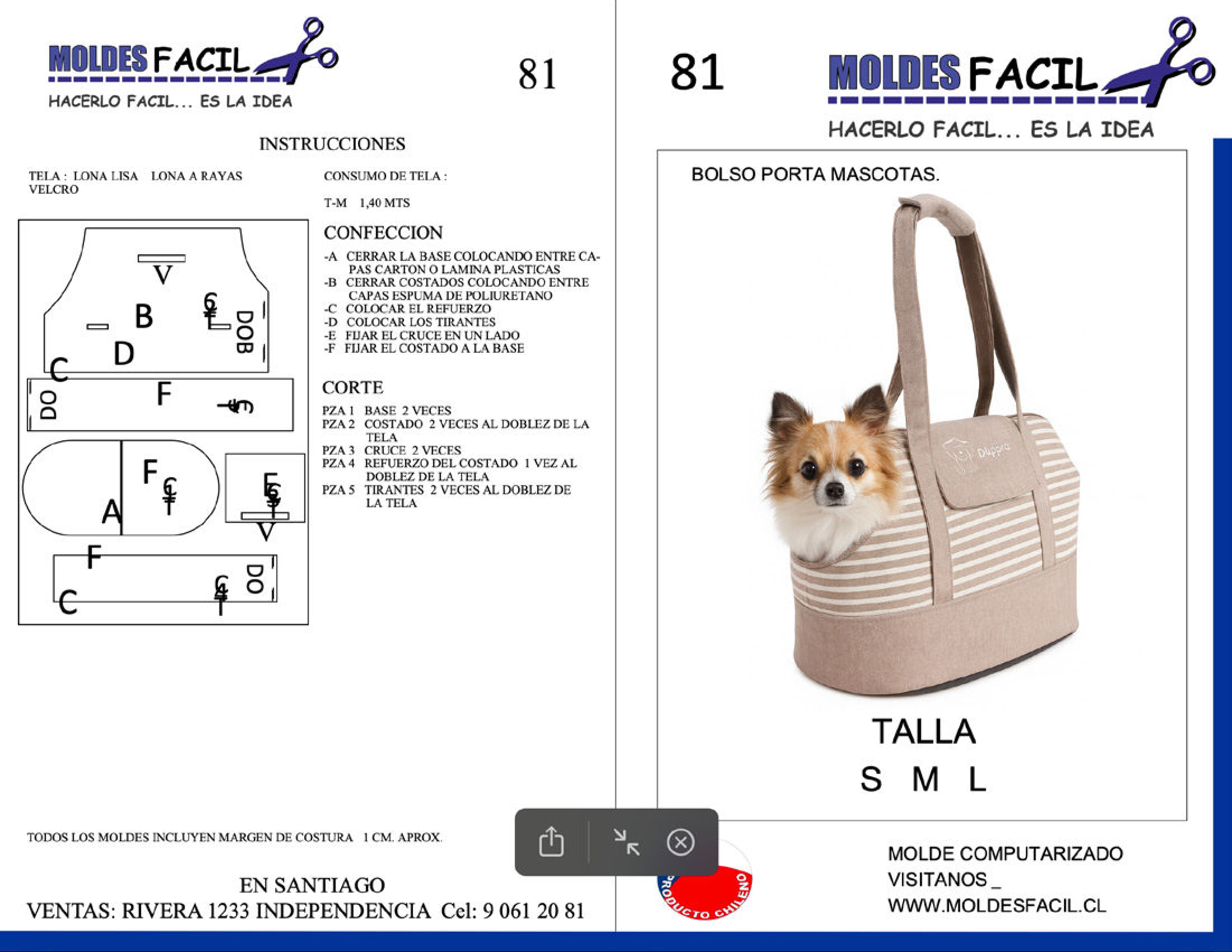 Molde de costura bolso porta mascotas en papel bond talla real