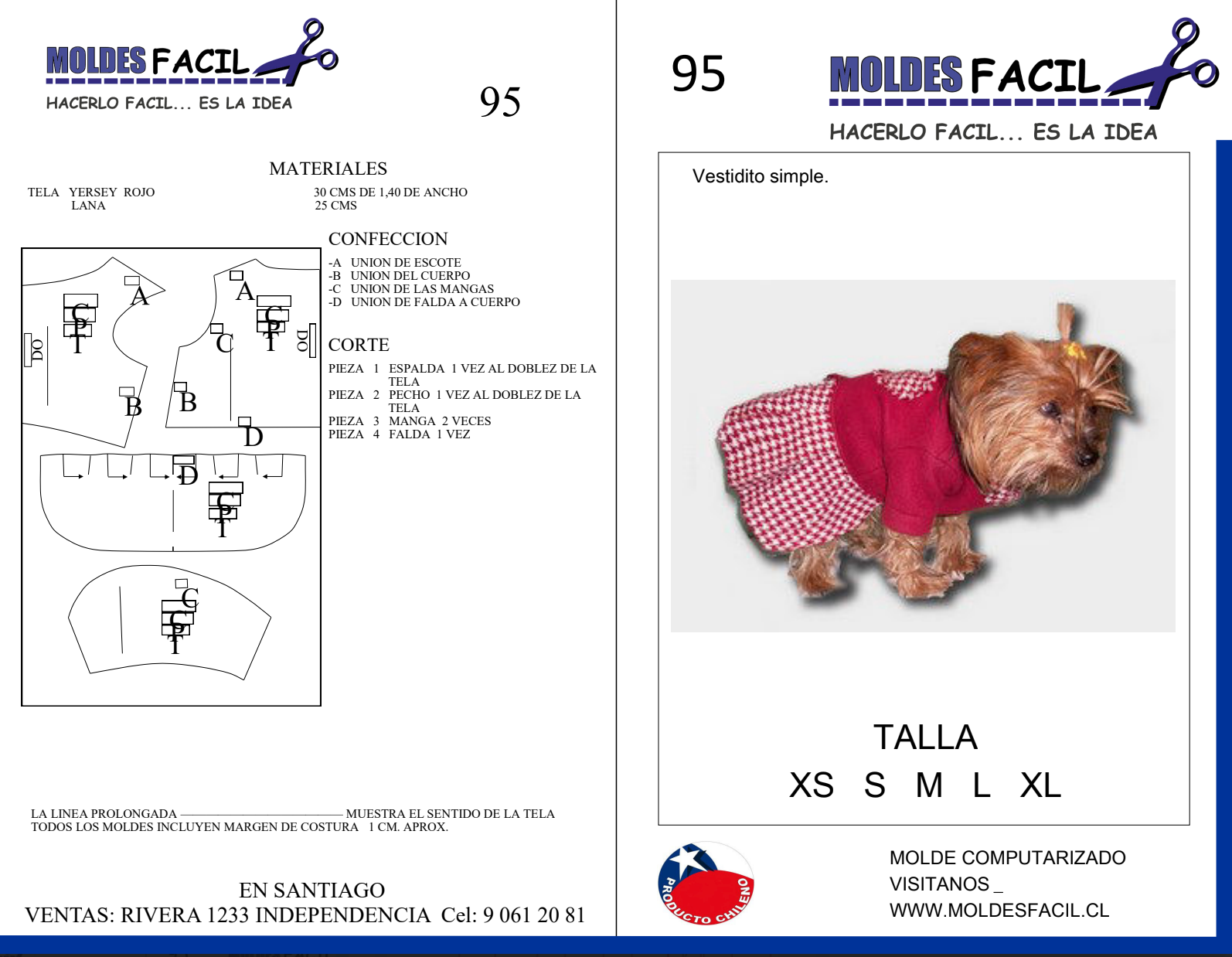 Molde de costura vestido simple mascota en papel bond talla real