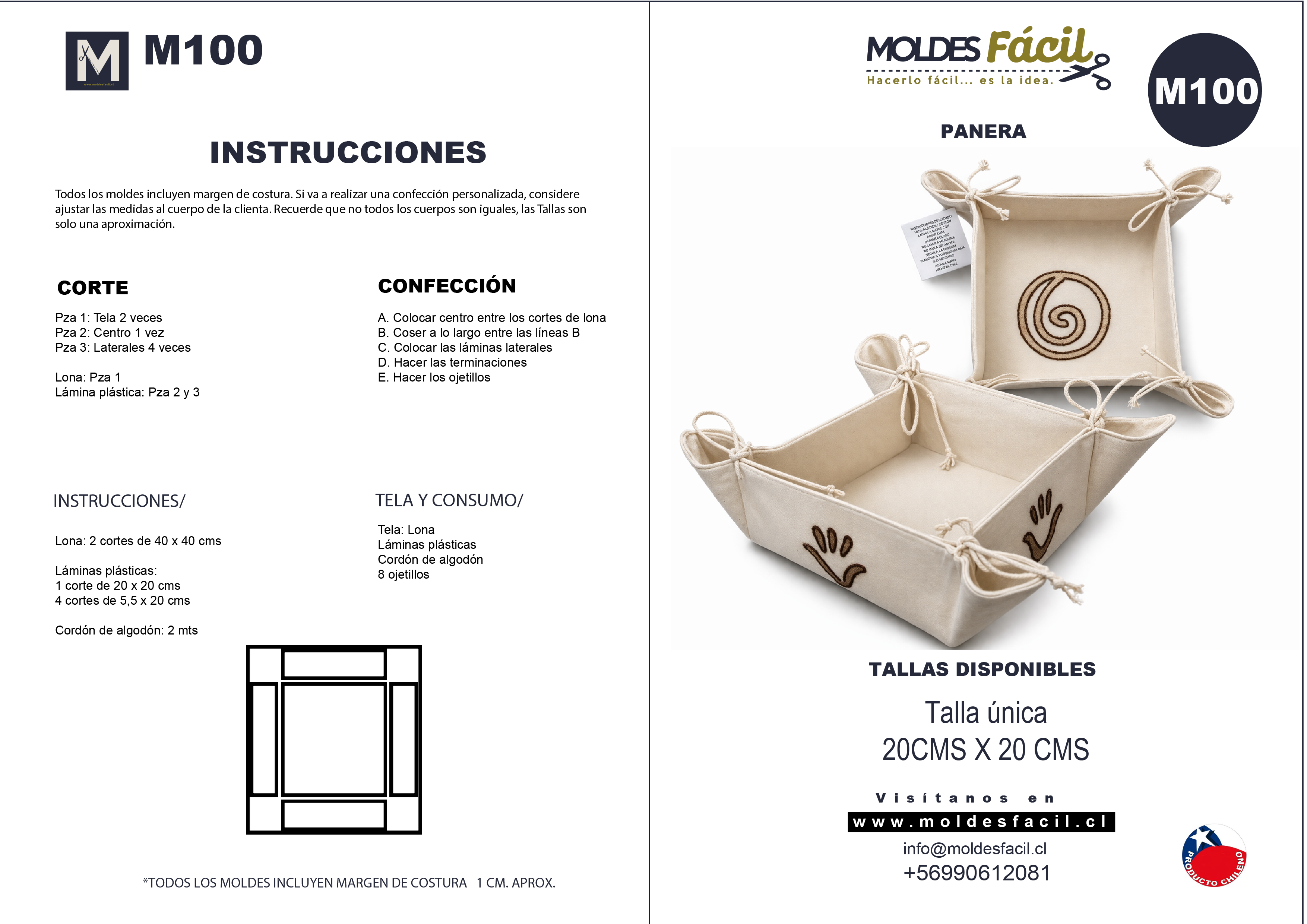 Molde de costura panera en papel bond talla real