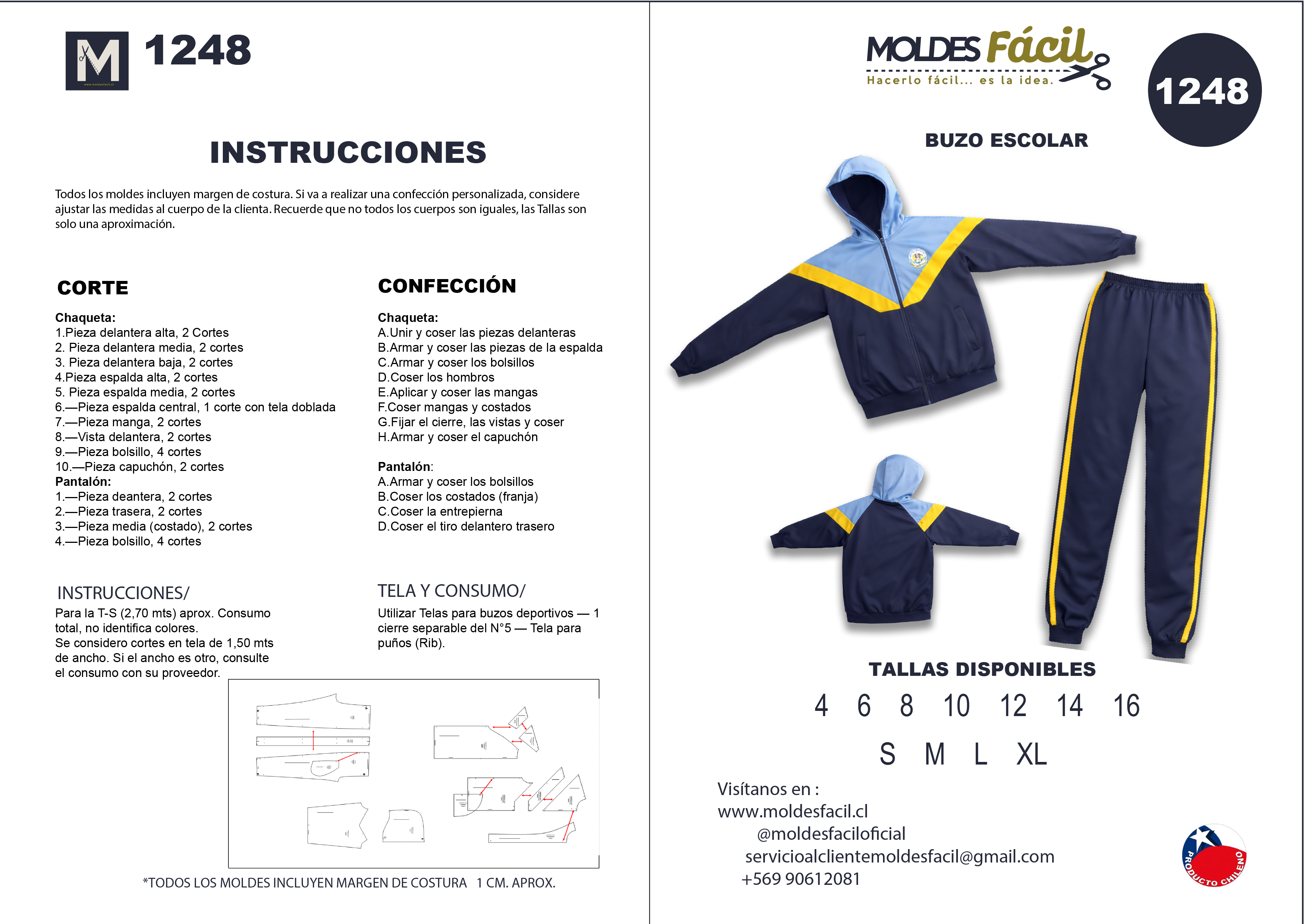 Molde de costura buzo escolar en papel bond talla real