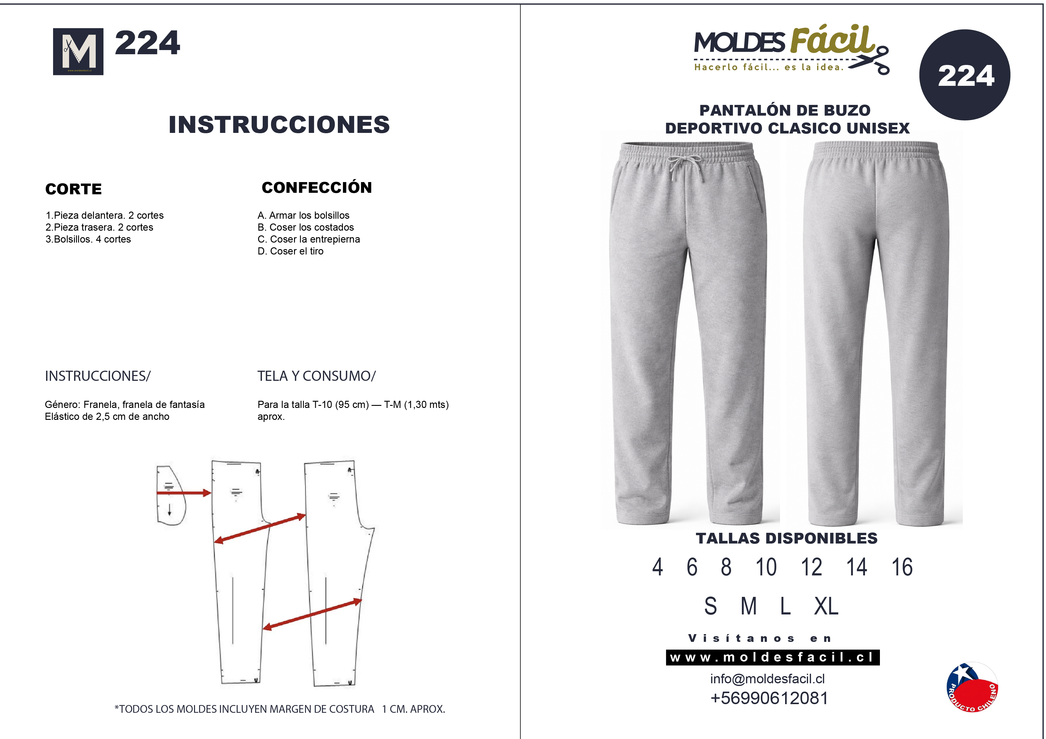 Molde de costura pantalon deportivo clasico unisex en papel bond talla real